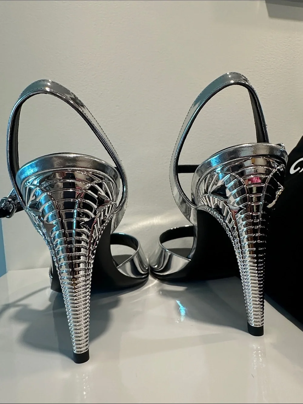 CHANEL Silver high shine mirror like effect Open-yToe Slingback Heels